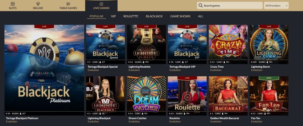 Categories and games in Tortuga Casino